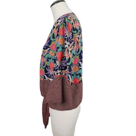 Maeve‎ Anthropologie Blouse 4 Black Multi Floral Tie Button Front V-Neck Top - Picture 4 of 8